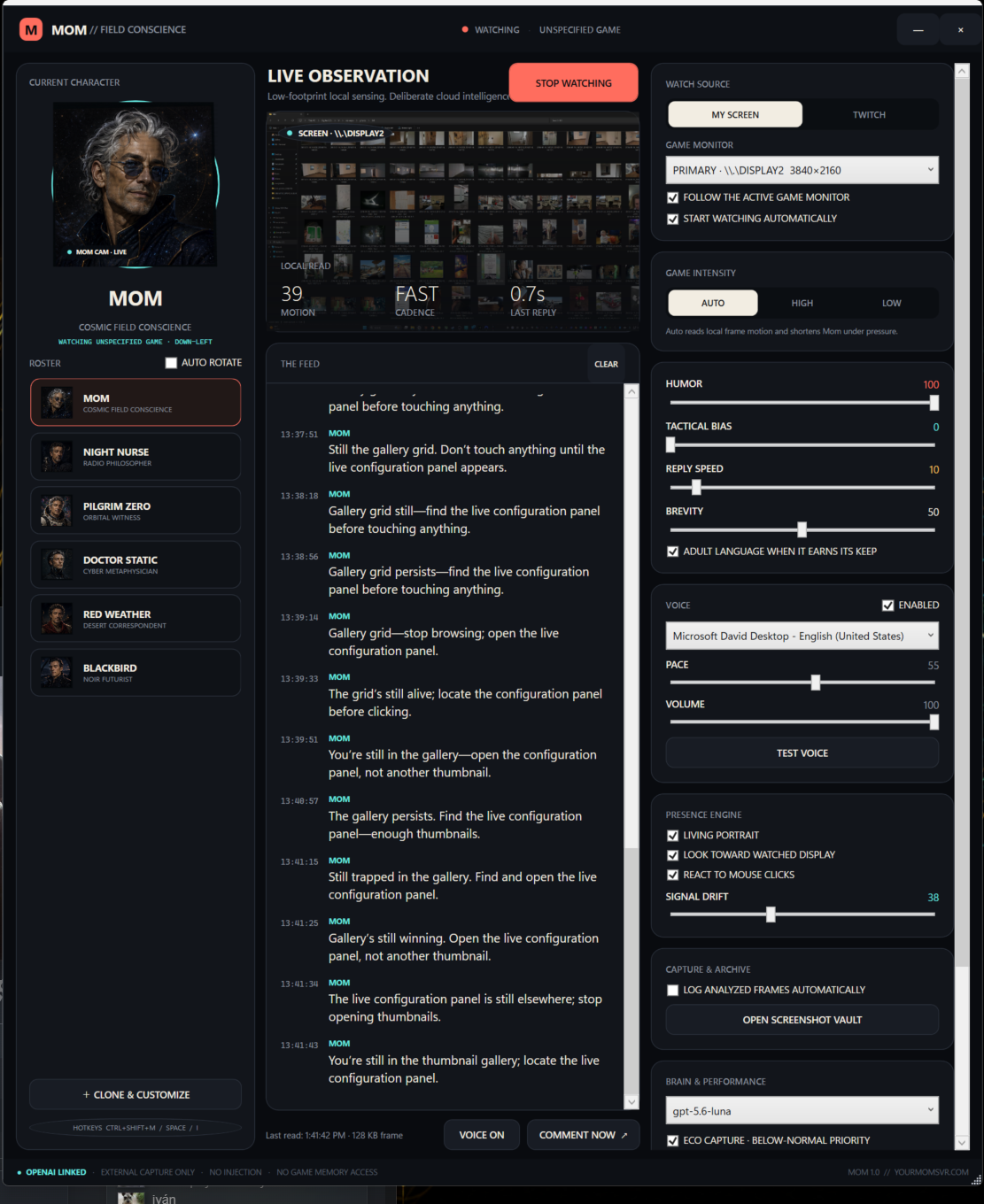 GameBuddy desktop app showing live observation, characters, humor, tactics, voice and performance controls